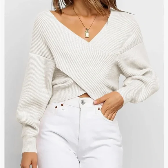 BTFBM Off The Shoulder Sweater  V Neck Long Sleeve Ribbed Knit Wrap Cropped L - Picture 7 of 8